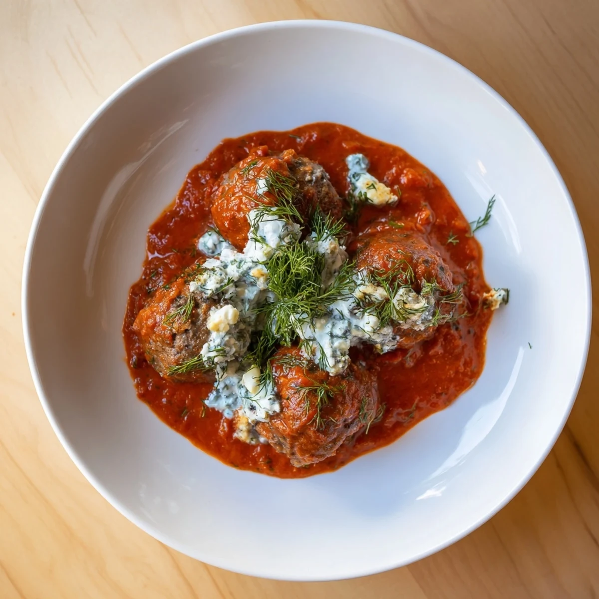 Instant Pot Greek Meatballs smothered in vibrant tomato sauce, topped with creamy lemon-feta.
