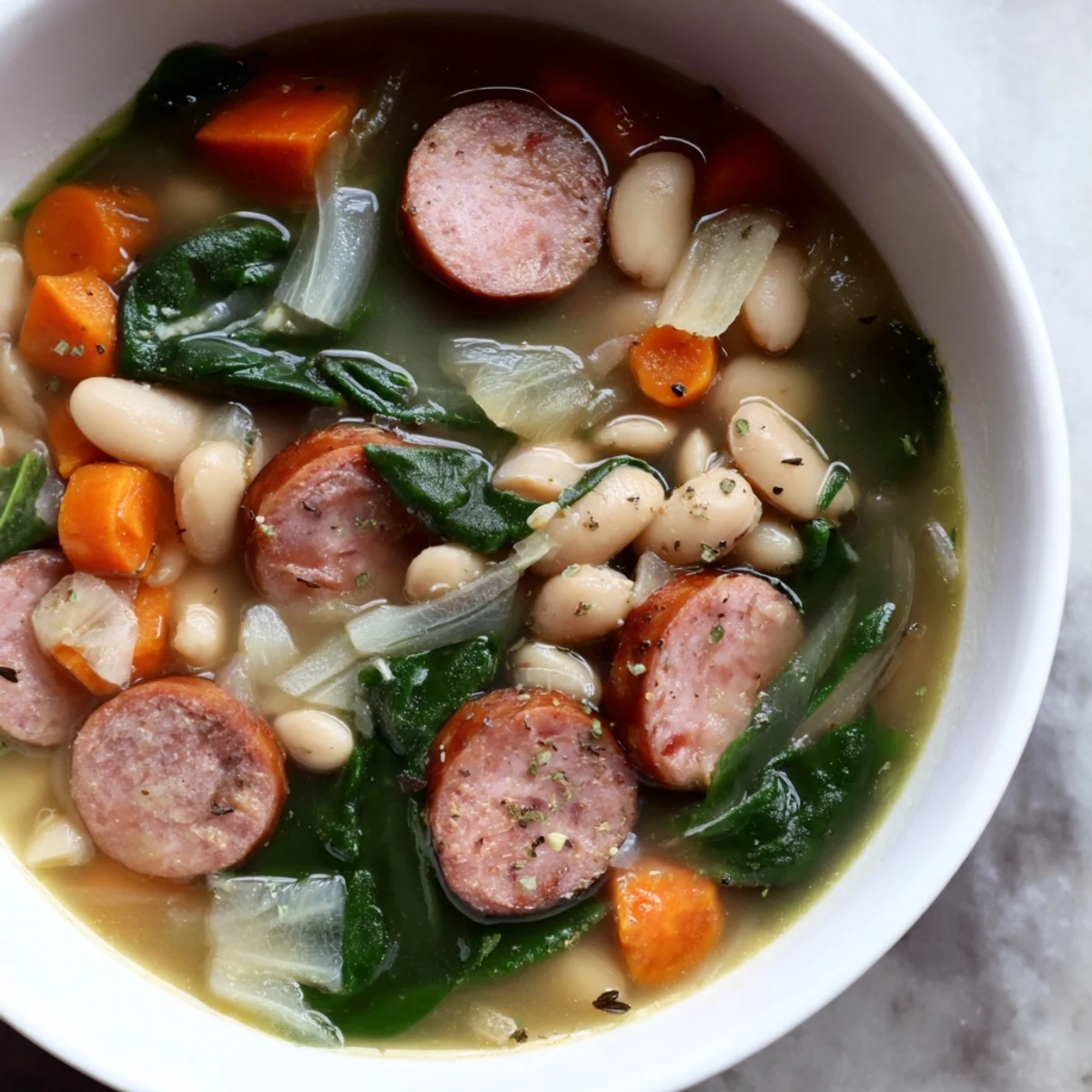 Savory Simple Sausage and White Bean Soup with browned sausage, vegetables, and creamy beans, ready in minutes.