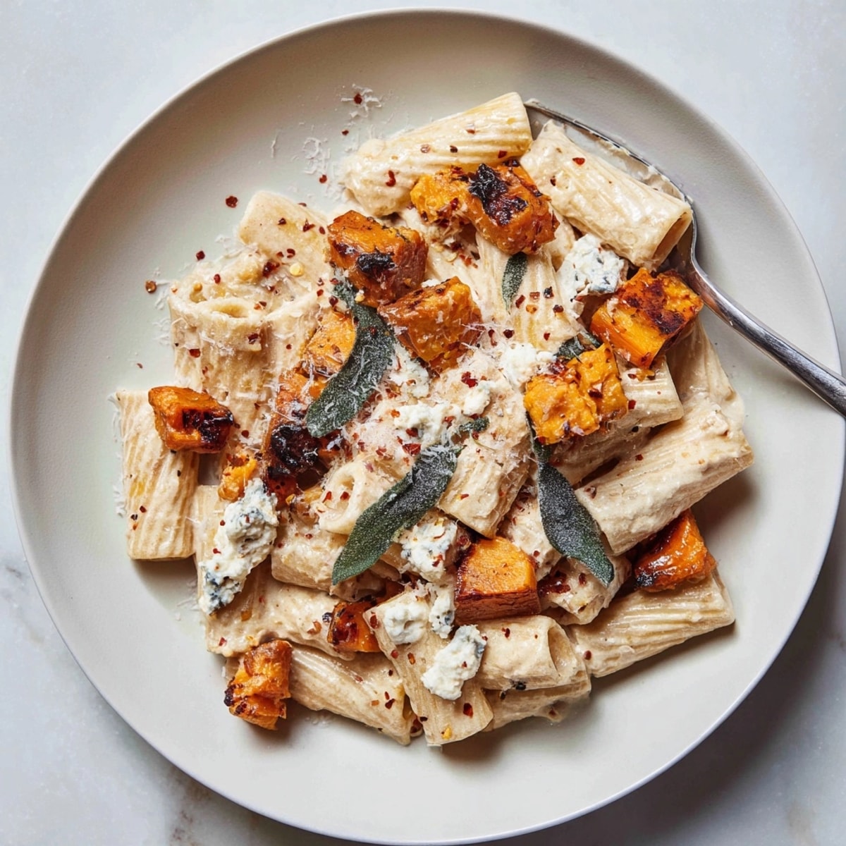 Close-up of Sweet Potato, Goat Cheese & Sage Pasta, creamy and perfectly seasoned.