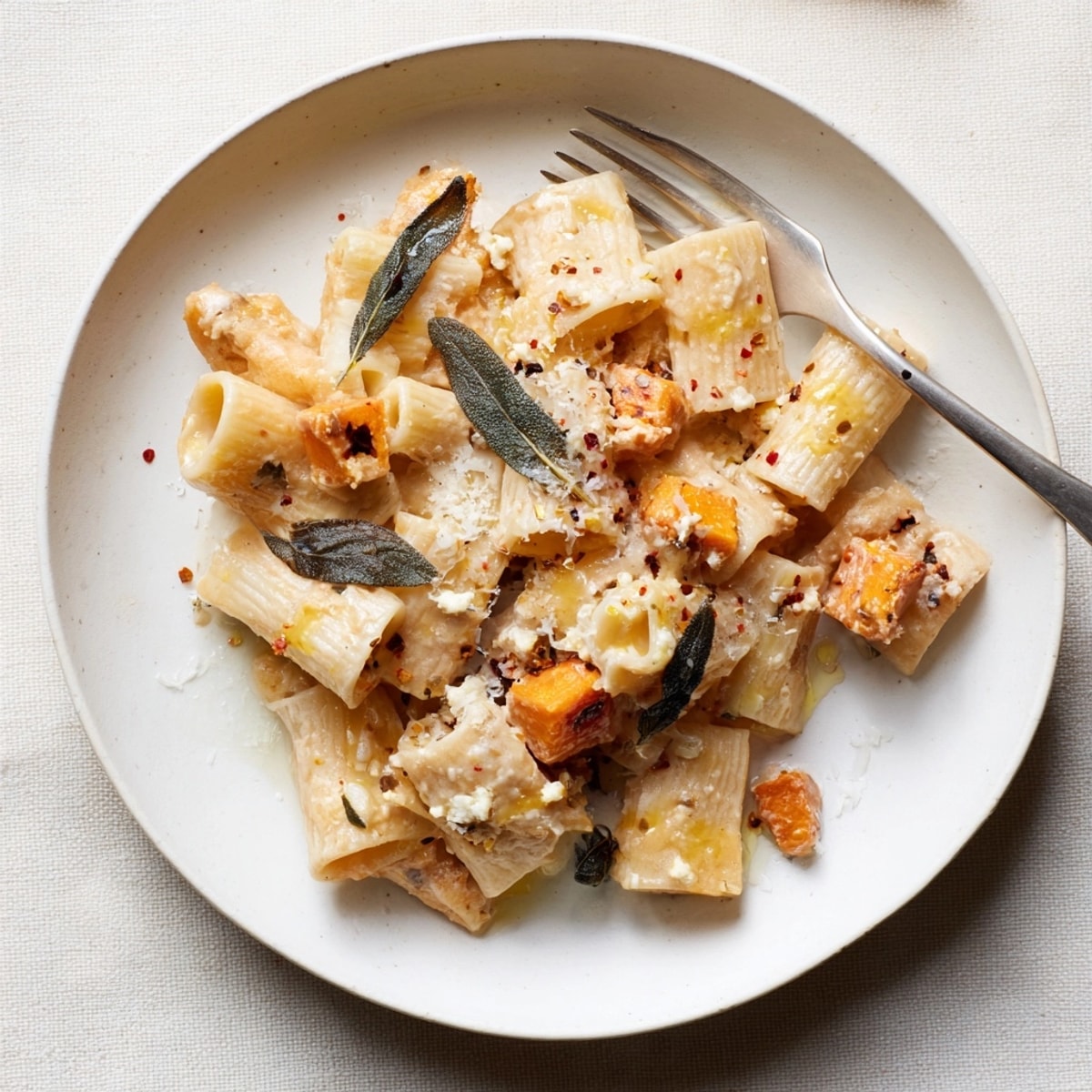 A serving dish of warm, comforting Sweet Potato, Goat Cheese &amp; Sage Pasta, garnished with sage.