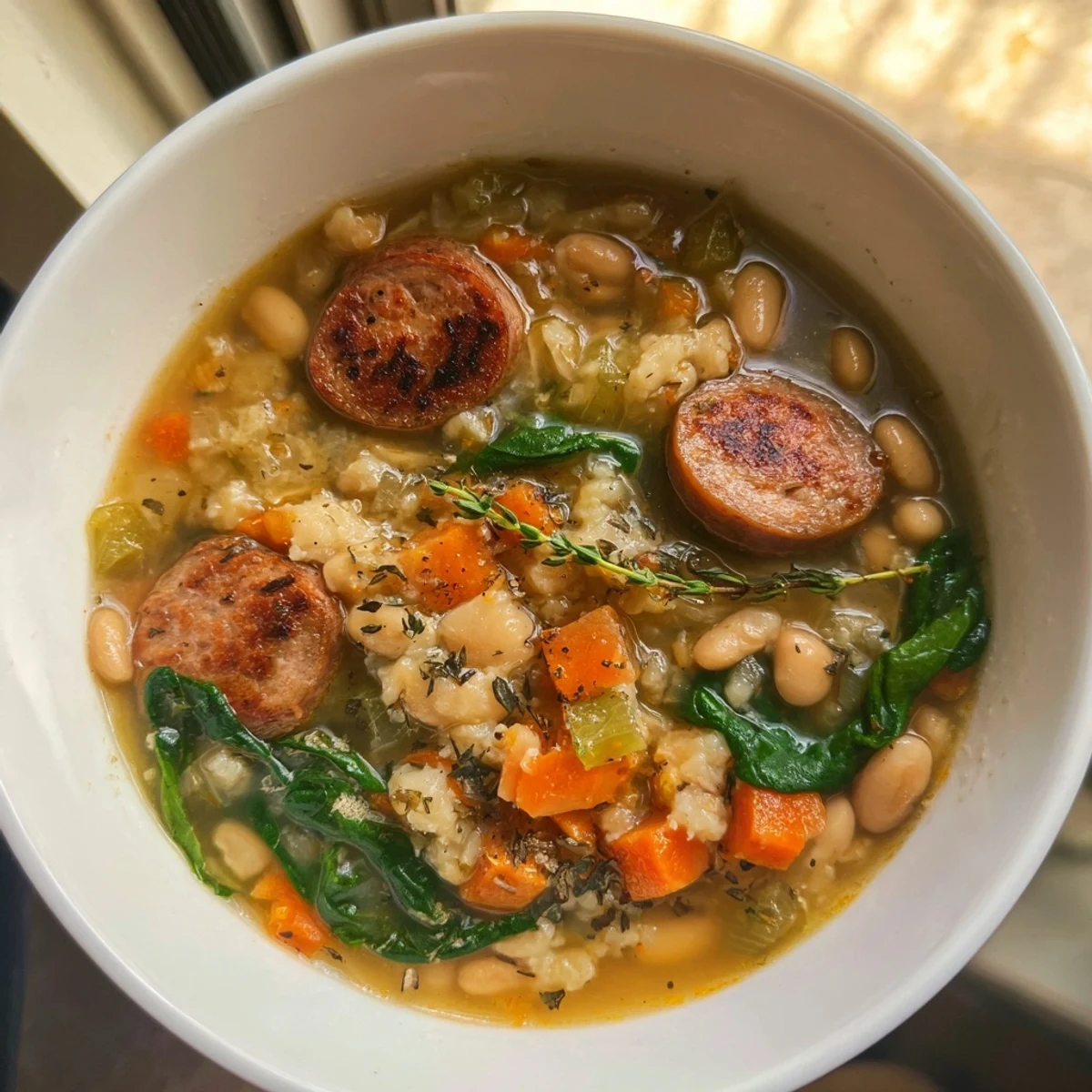 Steaming Simple Sausage and White Bean Soup, a hearty American classic with sausage and vegetables simmering in broth.