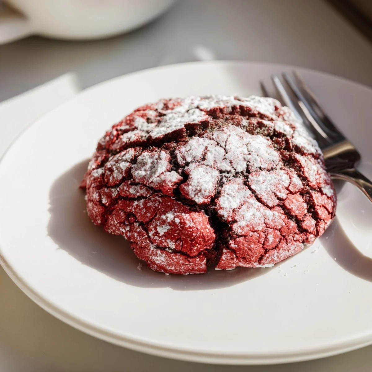 Soft and chewy Red Velvet Chocolate Crinkle Cookies, dusted with powdered sugar, ready for a creamy pairing.