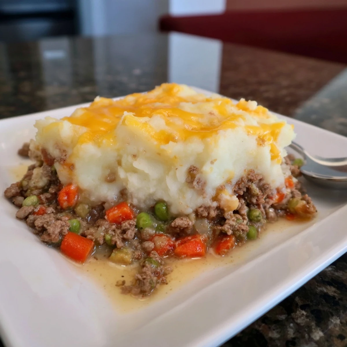 Delicious Budget Shepherds Pie: a hearty meal of ground beef and vegetables, crowned with cheesy potatoes.