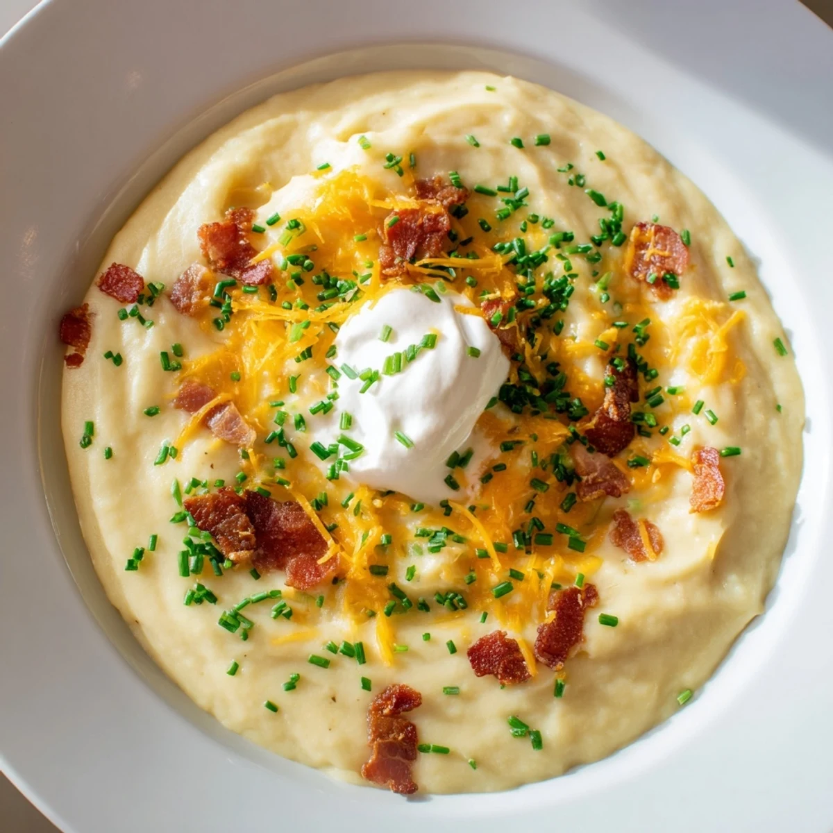 Steaming bowl of The Ultimate Baked Potato Soup, thick and creamy with toppings of chives and bacon.