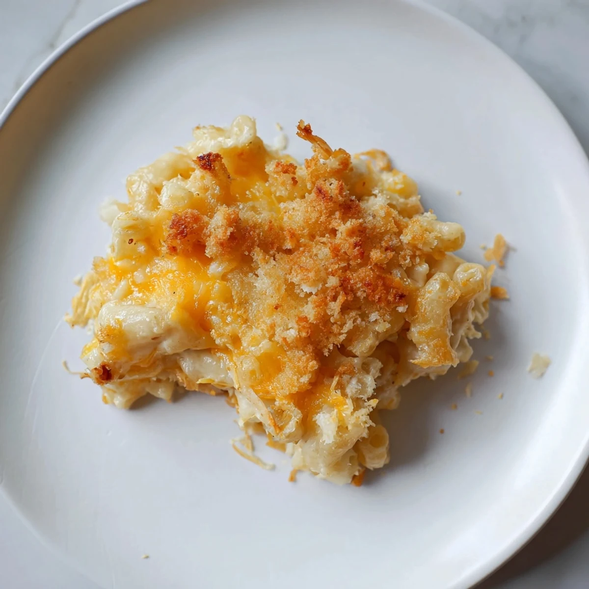 Golden, bubbling Old-Fashioned Baked Mac & Cheese with a crispy breadcrumb topping and melted cheese.