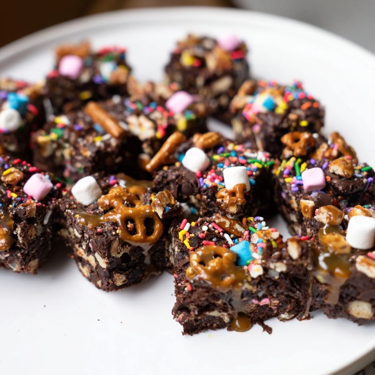 Fudgy Chaos Chocolate Cake Bites, studded with sprinkles and nuts, ready to enjoy as a sweet dessert.