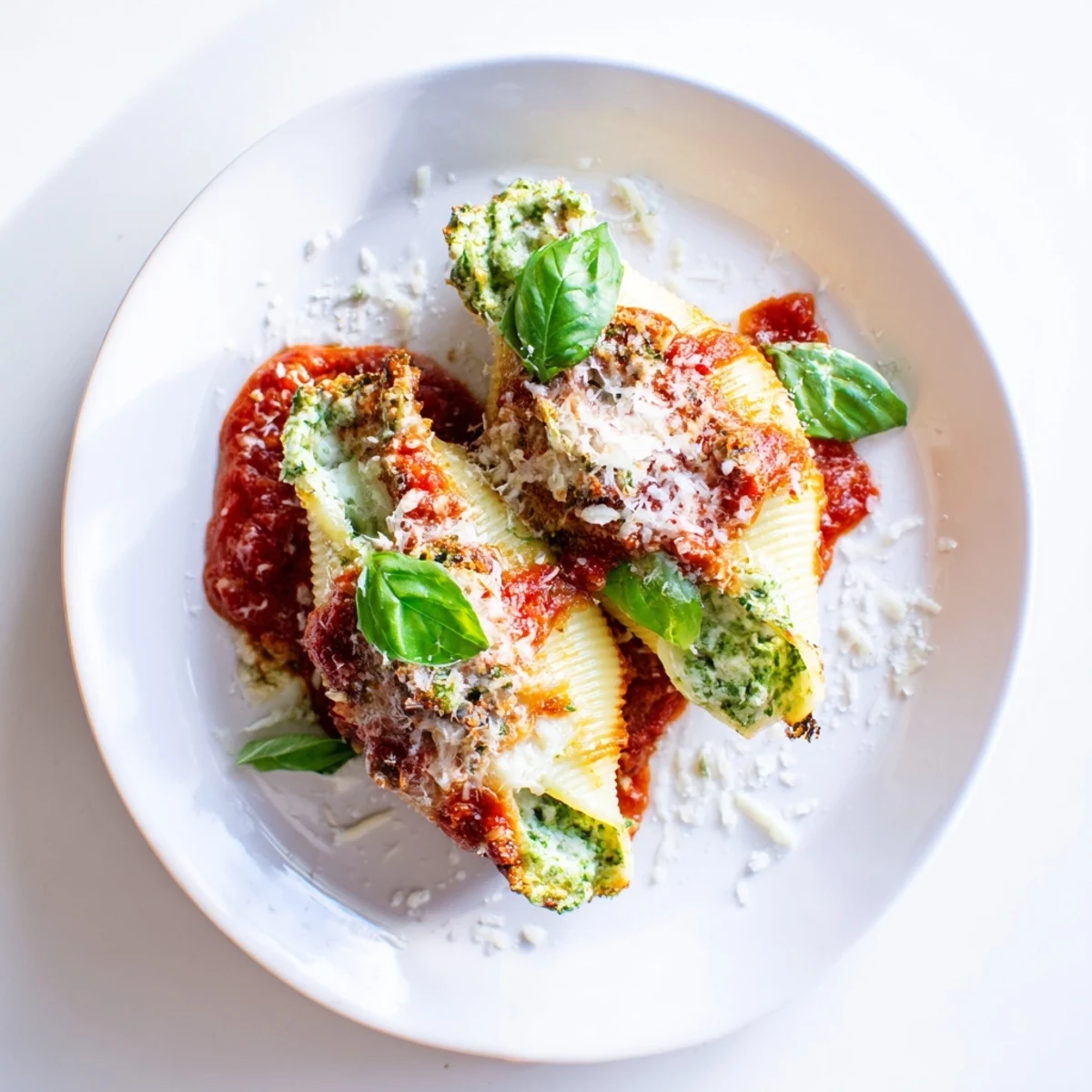Pesto and ricotta stuffed shells bubbling with melted mozzarella, a comforting baked Italian main course.