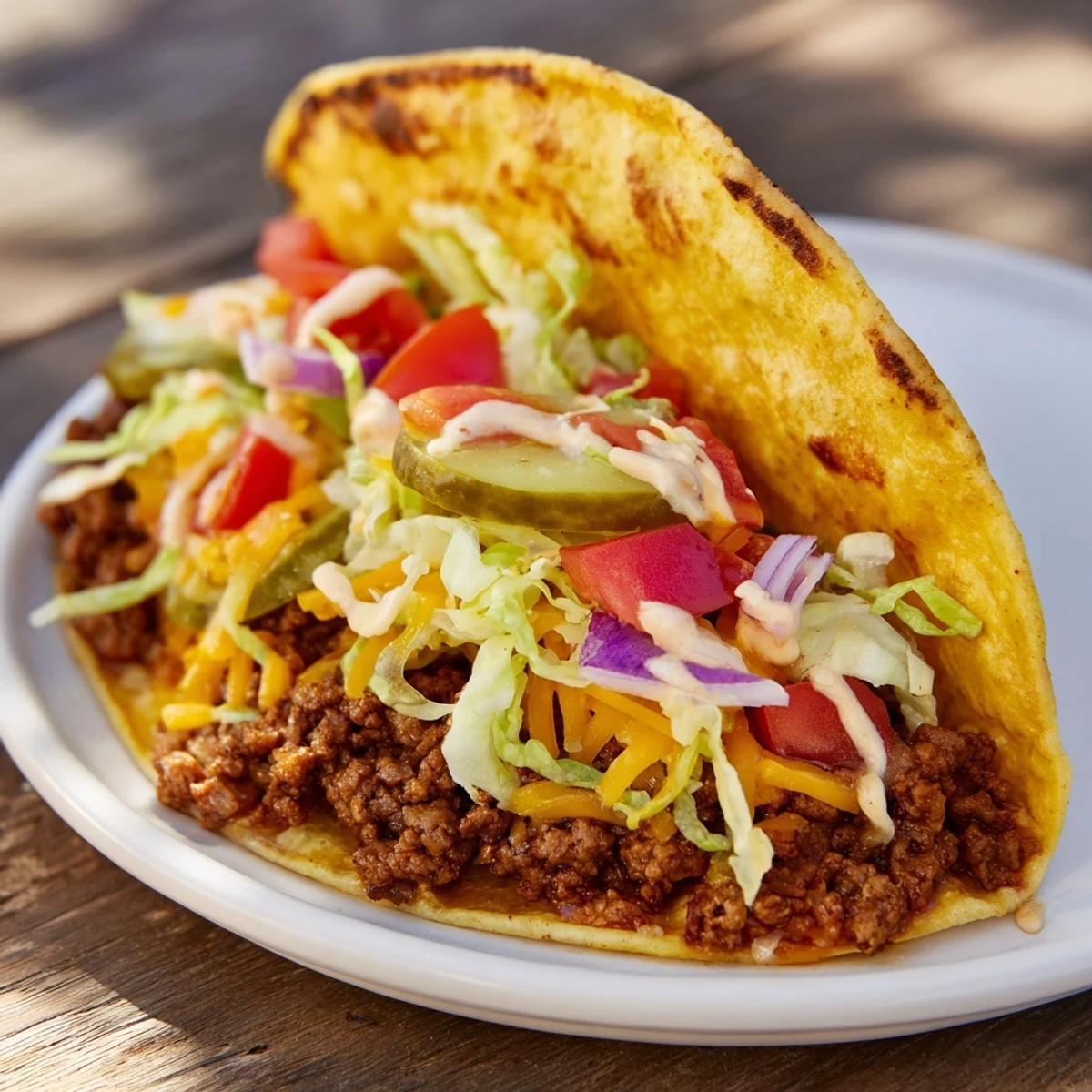 Golden-brown Viral Cheeseburger Tacos overflowing with juicy beef, melted cheese, and fresh toppings.