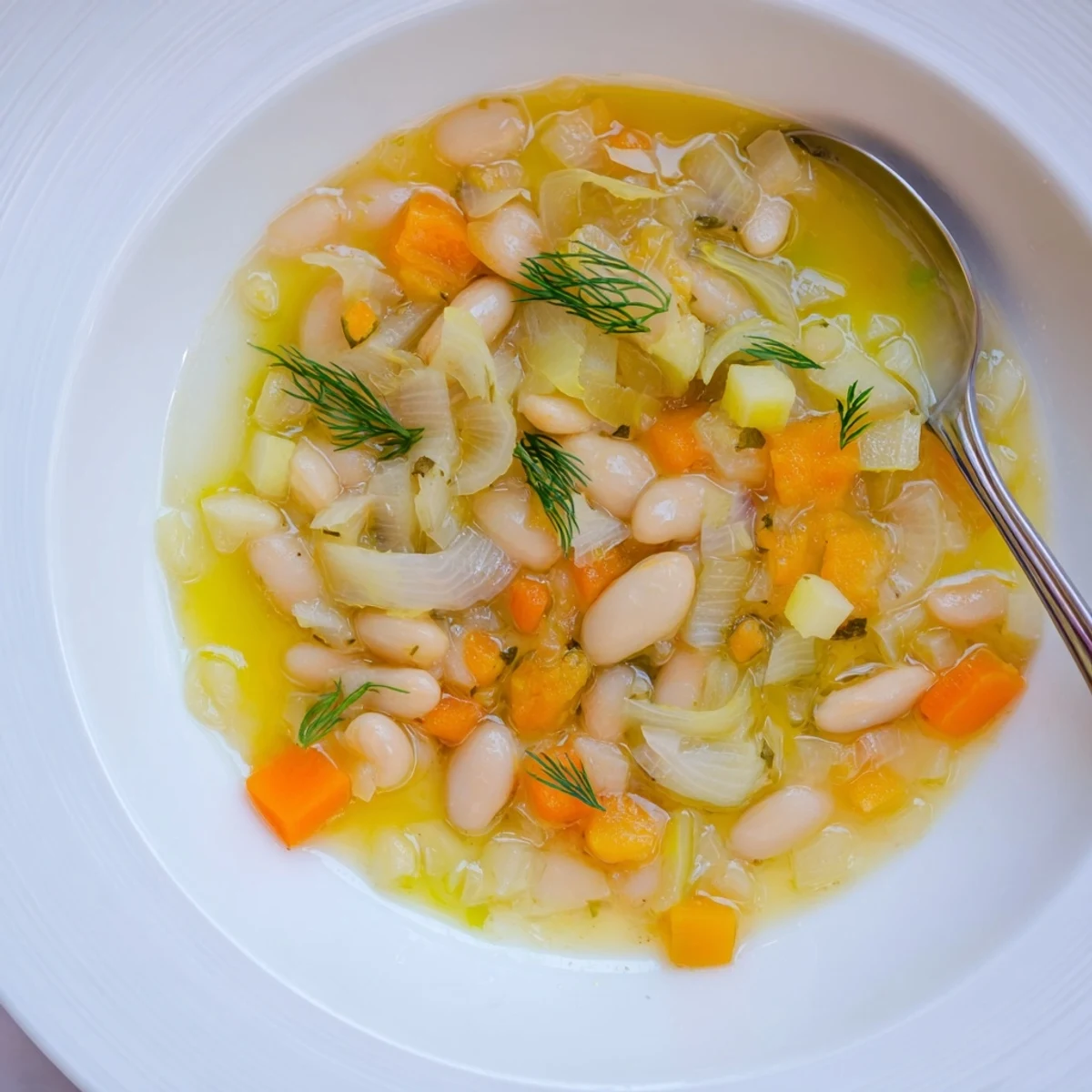 Steaming bowl of Simple White Bean and Fennel Soup, garnished with fennel fronds, ready to eat.