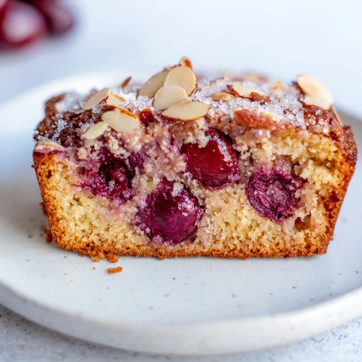 Freshly baked Cherry Almond Loaf Cake, a sweet bread studded with bright red cherries and almonds.