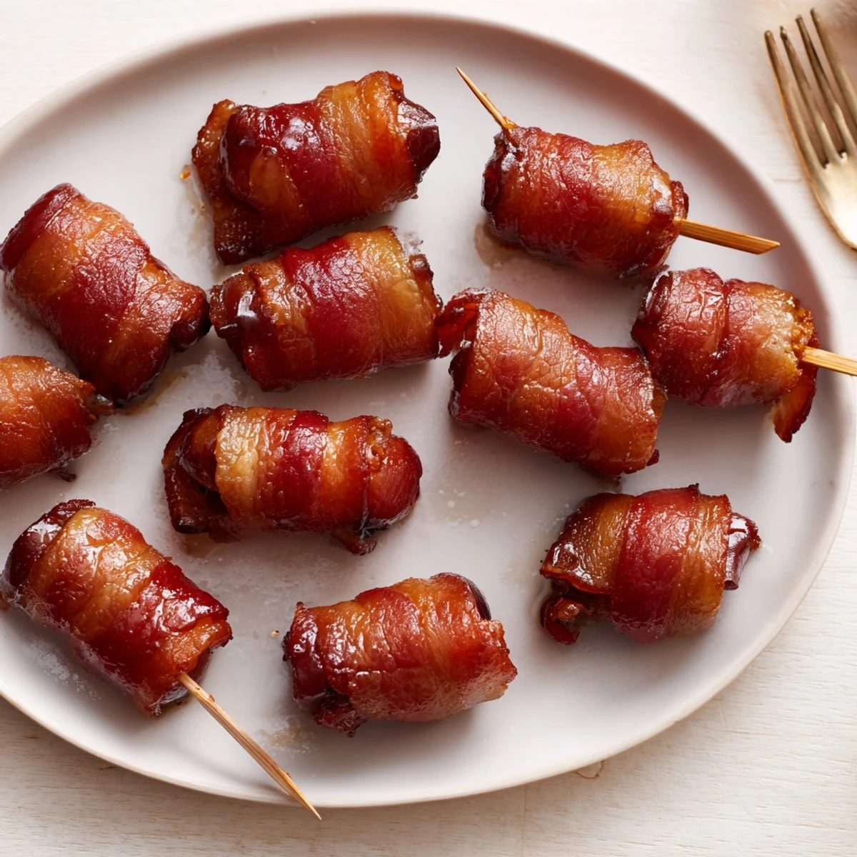 Golden-brown bacon-wrapped smokies, glistening with caramelized sugar, ready for a delicious appetizer.