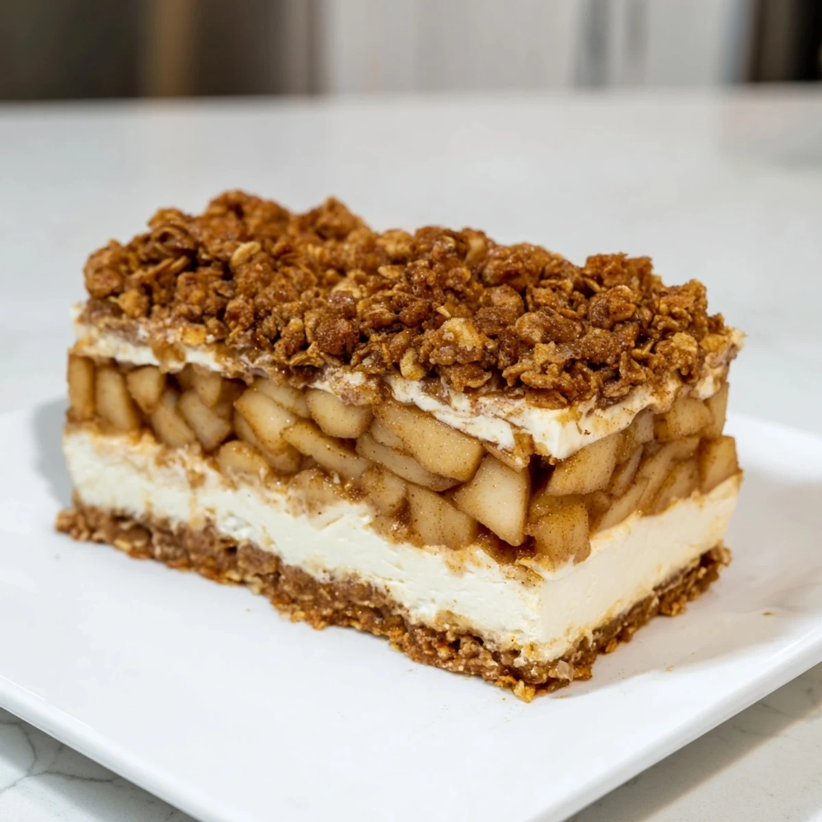Delectable square slices of Apple Crisp Cheesecake Bars, perfectly chilled, ready to be served and enjoyed.