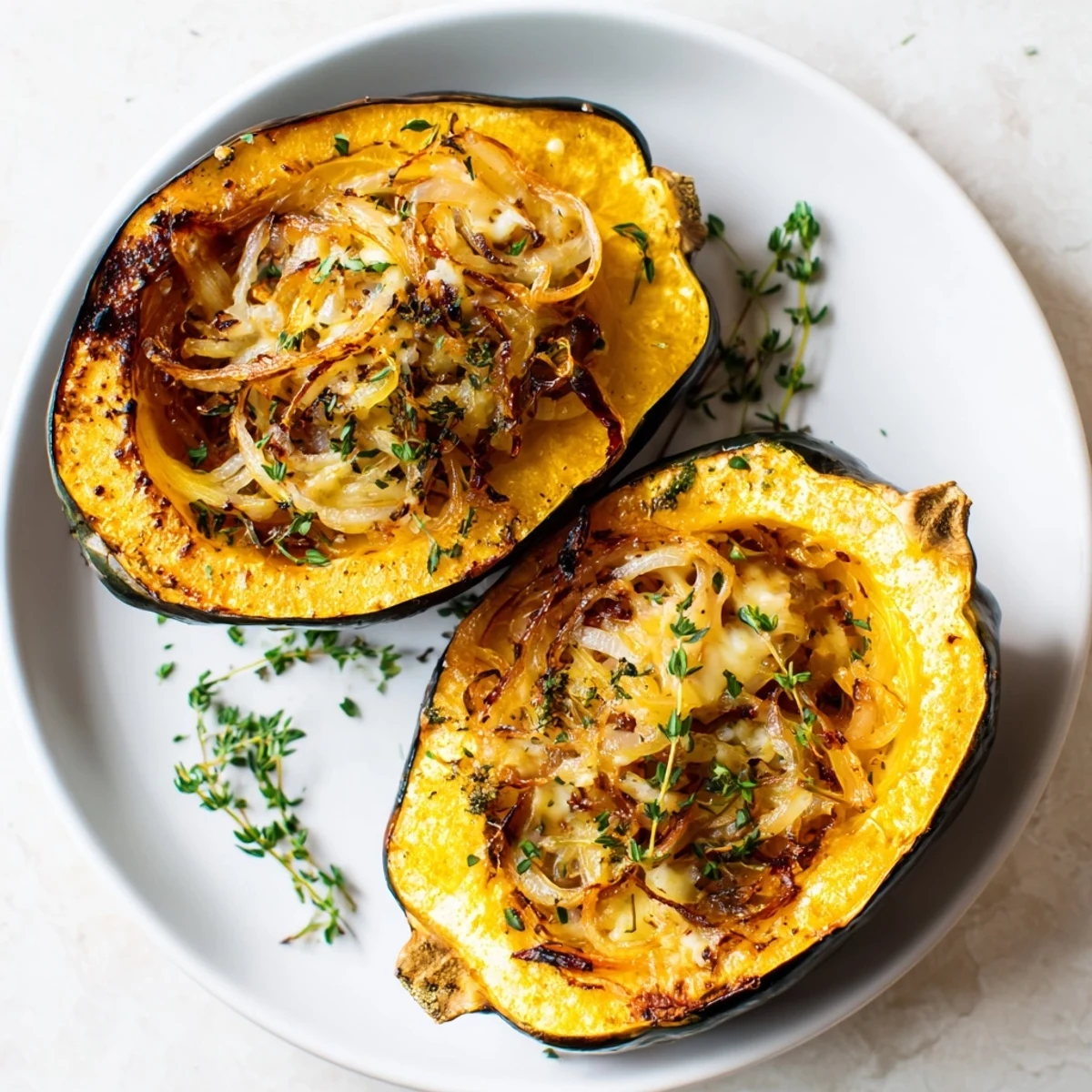 Golden-brown Caramelized Onion Gruyere Squash, a vegetarian delight, ready to eat with melted cheese oozing.
