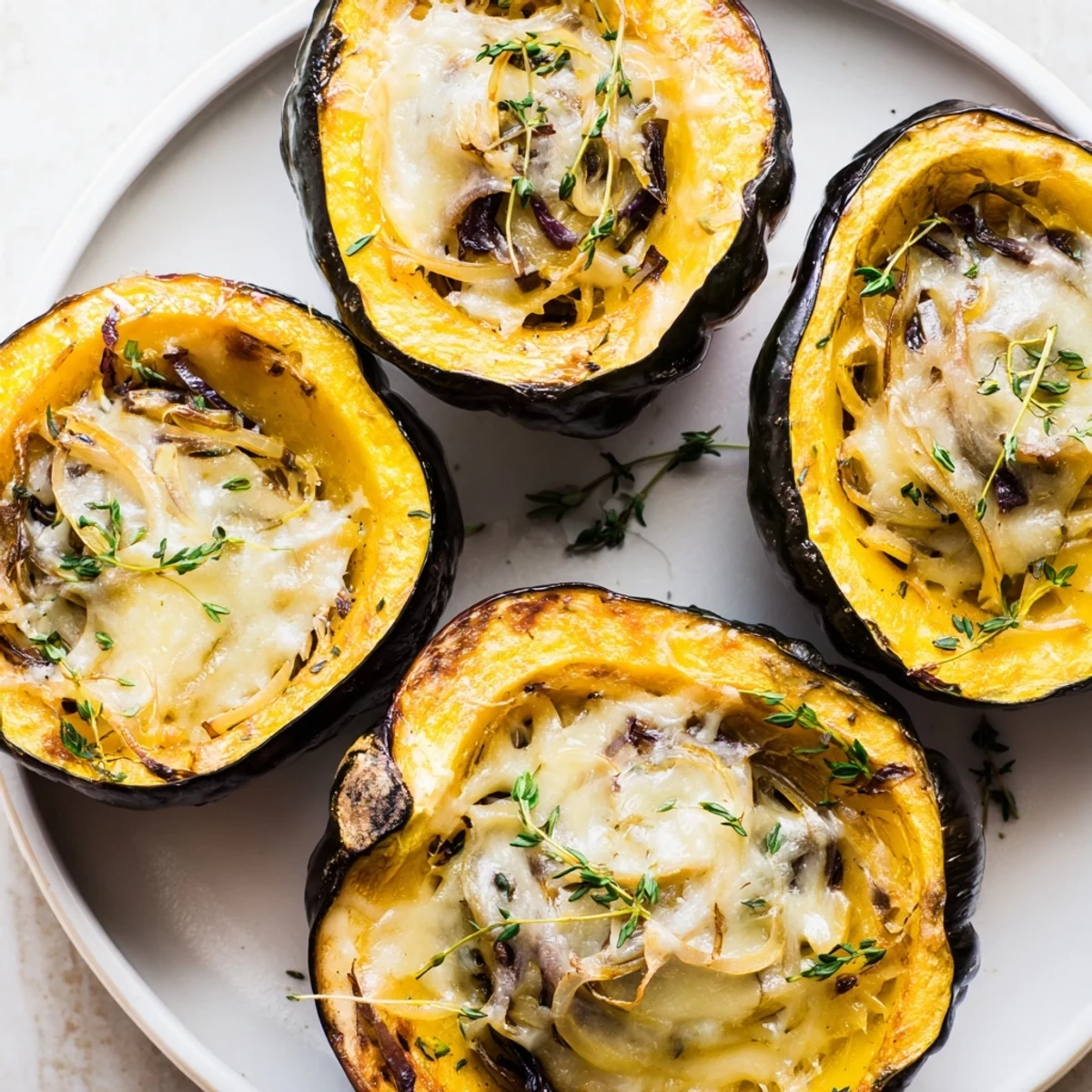 Warm, cheesy Caramelized Onion Gruyere Squash, topped with herbs, offering a comforting, gourmet bite.