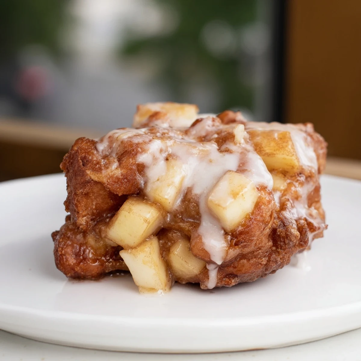 Warm homemade apple fritters, featuring tender apple chunks and a vanilla glaze, ready to enjoy.