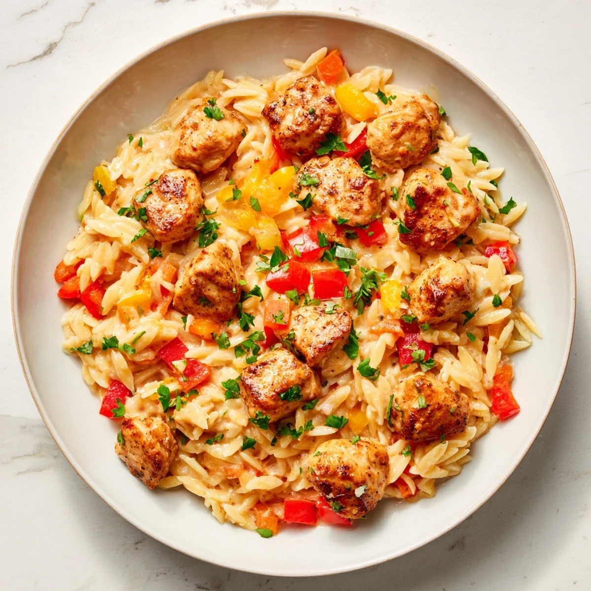 A steaming bowl of one-pot Cajun Chicken Alfredo Orzo, a creamy and flavorful meal.