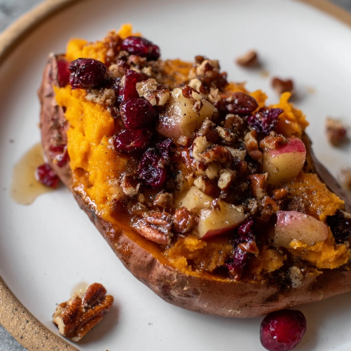 Golden-brown Cranberry Apple Twice-Baked Sweet Potatoes, bursting with fall flavors and served warm.
