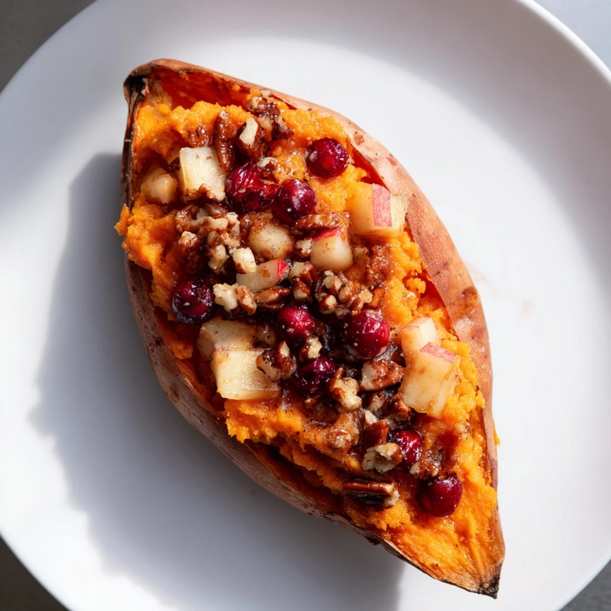 Delicious Cranberry Apple Twice-Baked Sweet Potatoes, topped with pecans, ready to enjoy as a flavorful side.