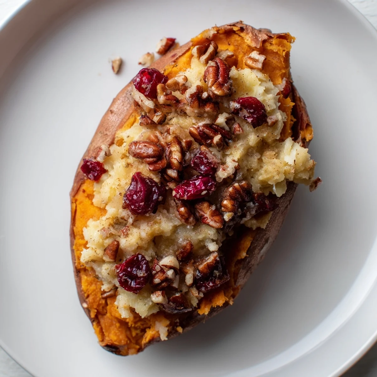Savory and sweet Cranberry Apple Twice-Baked Sweet Potatoes, a comforting American vegetarian recipe to savor.