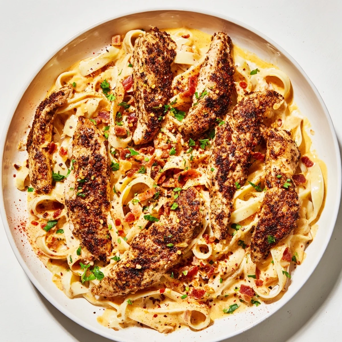 A plate of Southern Style Creamy Parmesan Chicken Pasta, featuring golden chicken and parmesan sauce.