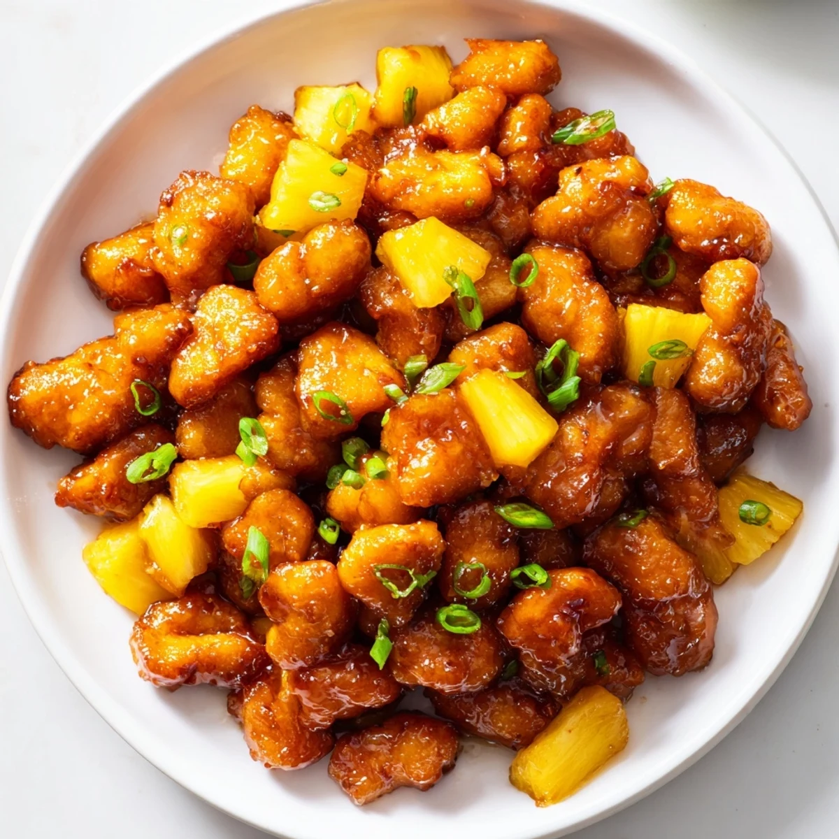 Juicy Brown Sugar Pineapple Chicken, a sweet glazed dish with chunks of pineapple and browned chicken.