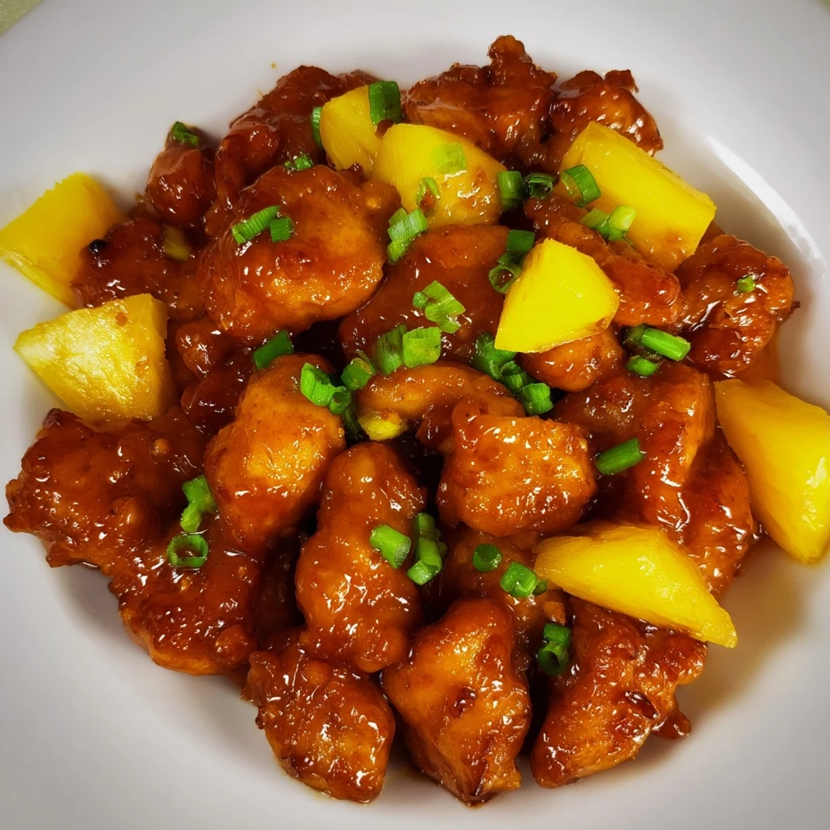 A close-up of glistening Brown Sugar Pineapple Chicken, ready to serve with rice and green onions.