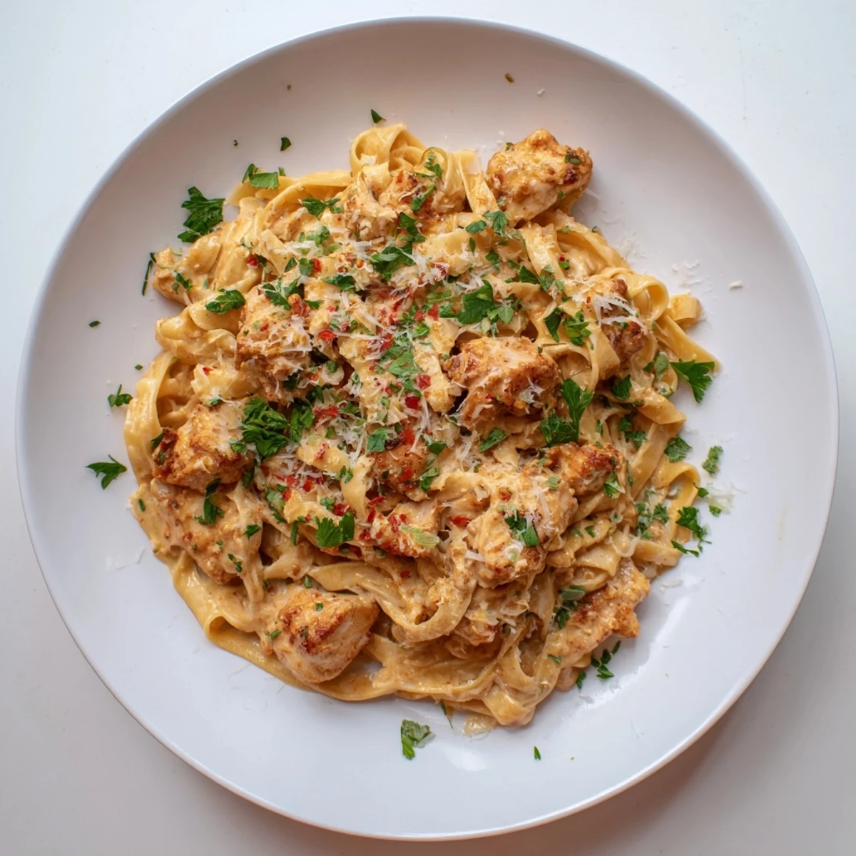 Vibrant Cowboy Butter Chicken Pasta, with fettuccine and chicken glistening under the light, promises a delightful meal.