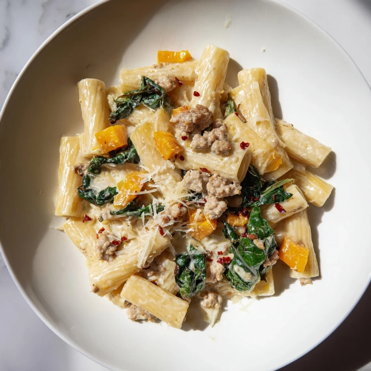 Creamy rigatoni with butternut squash glistens, featuring golden squash and spicy sausage in a creamy sauce.