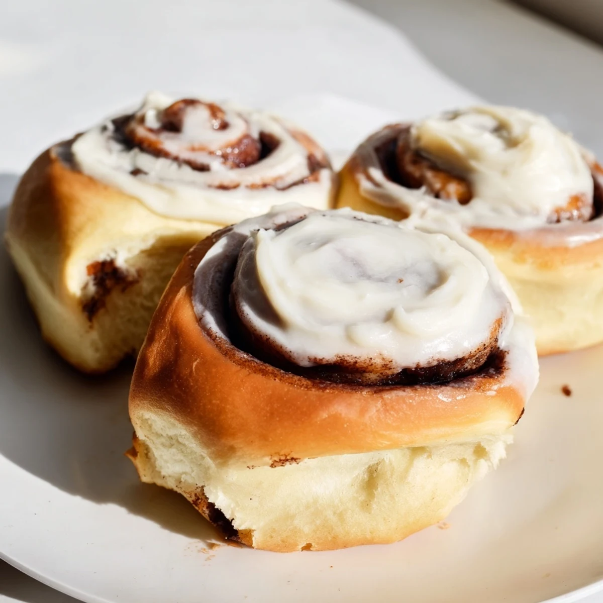 Warm, golden-brown Viral TikTok Heavy Cream Cinnamon Rolls glistening with a rich, creamy topping are served.
