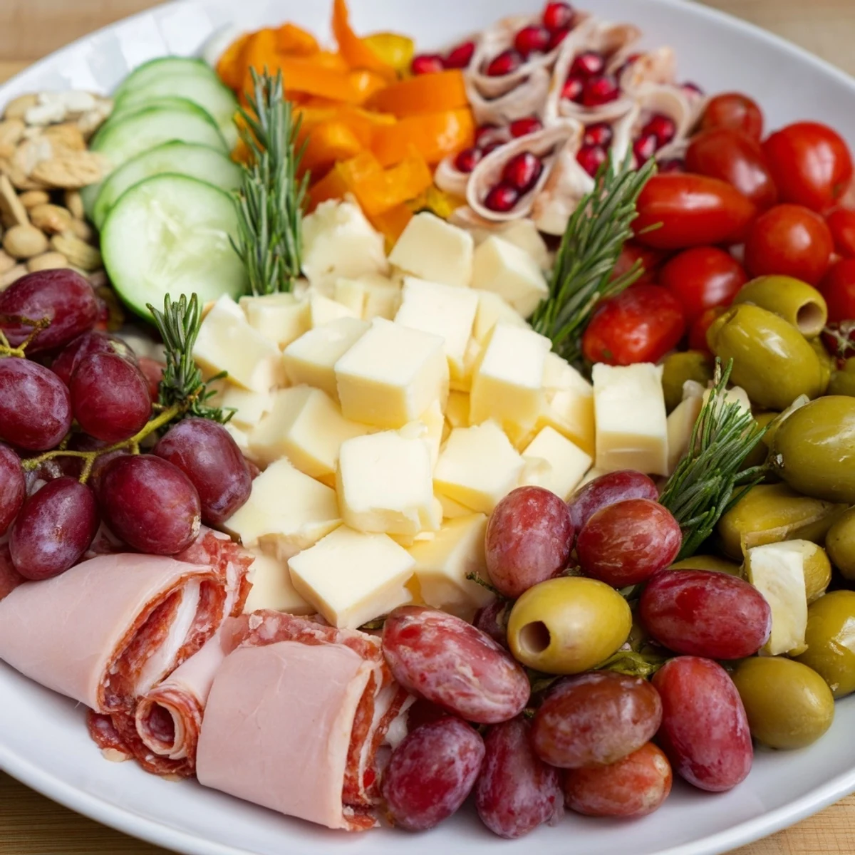 Quick Christmas Charcuterie Wreath Board overflowing with cheeses, meats, and vibrant fruits, ready to serve.