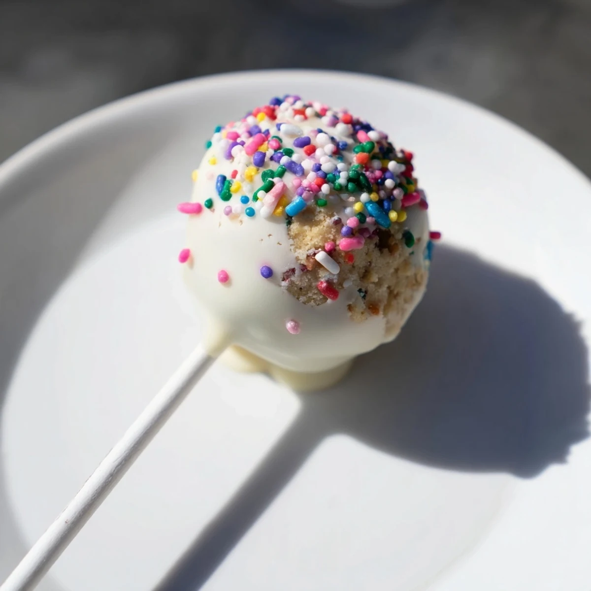 Perfectly round Lightened-Up Sugar Cookie Cake Pops, ready to be enjoyed, with a delicious chocolate coating.