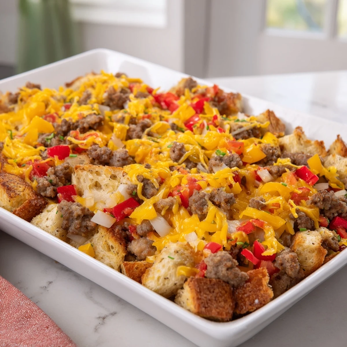 A close-up of a warm Lightning-Fast Breakfast Sausage Casserole, loaded with cheese, peppers, and sausage.