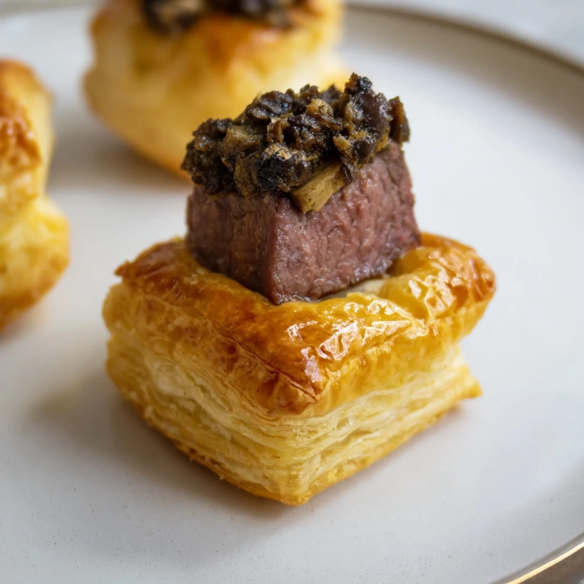 Festive Simplified Christmas Beef Wellington Bites, offering tender beef concealed within golden, crisp puff pastry.