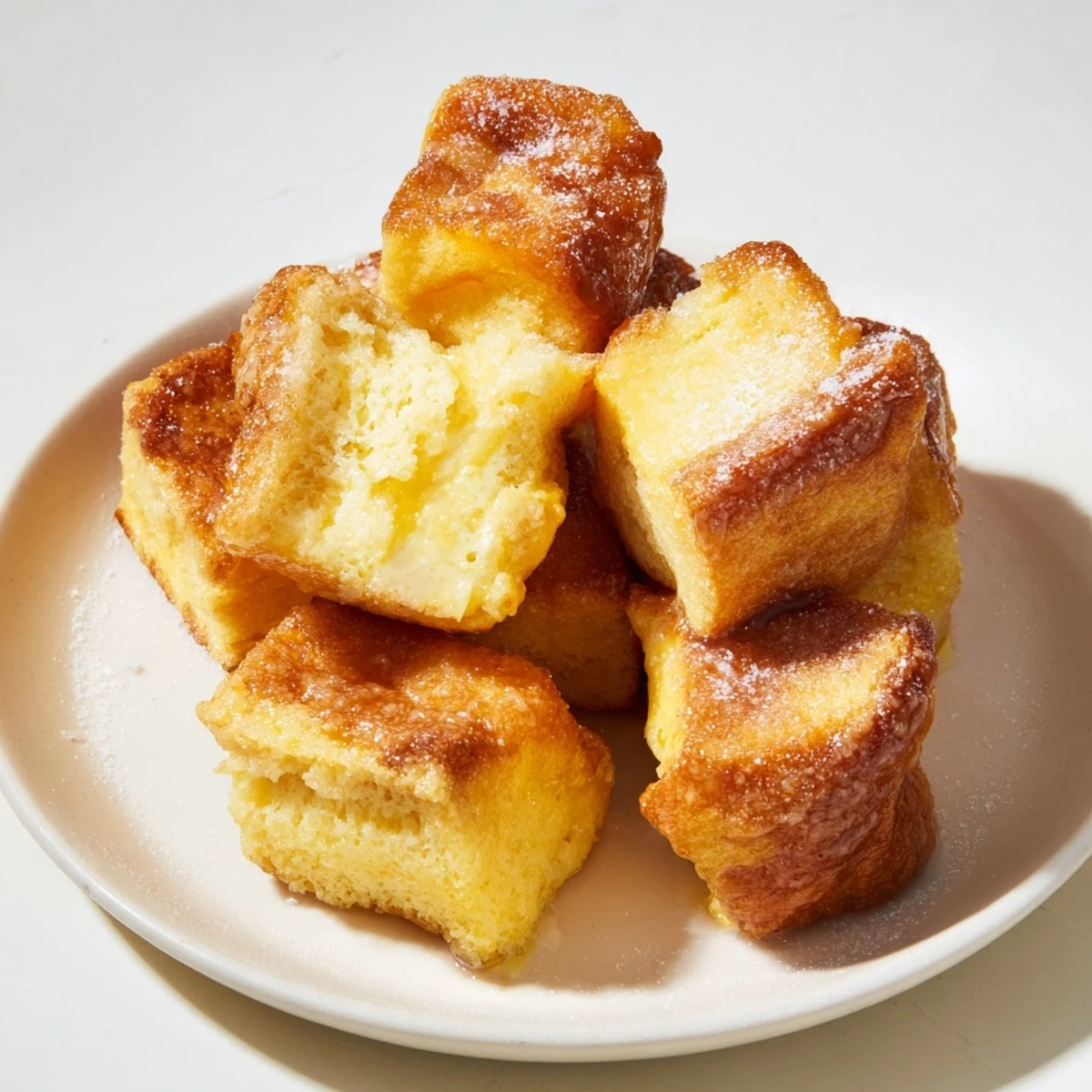 Golden-brown Mini French Toast Casserole Bites, baked until fluffy; a perfect breakfast treat.