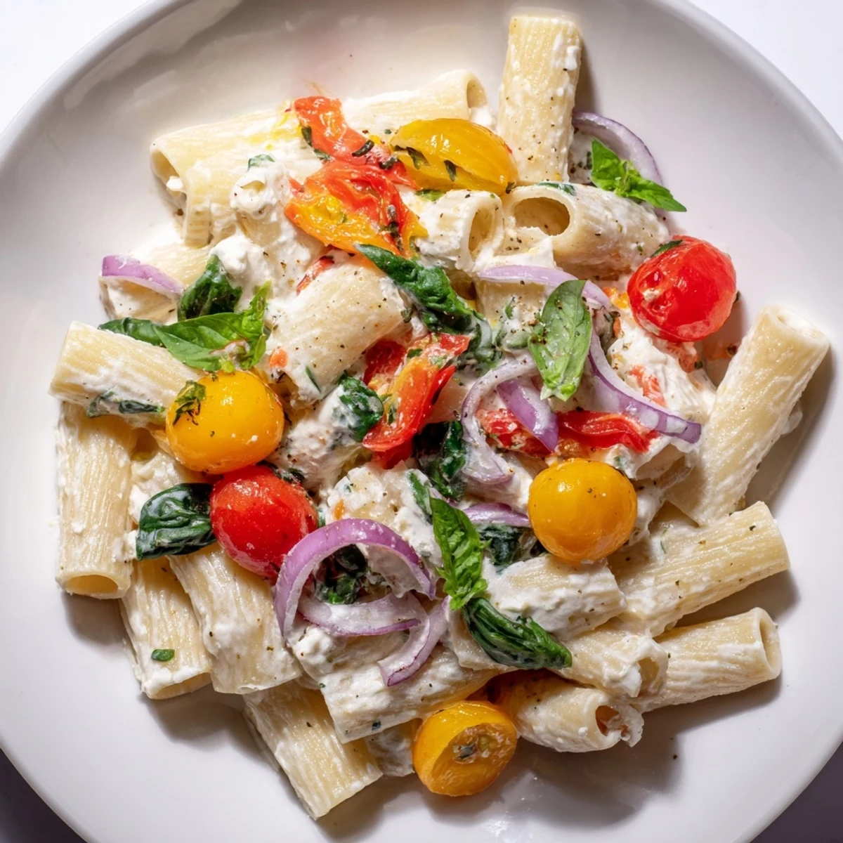 One-Pan Baked Feta Christmas Pasta, featuring bubbly feta and colorful tomatoes, ready to serve warm.