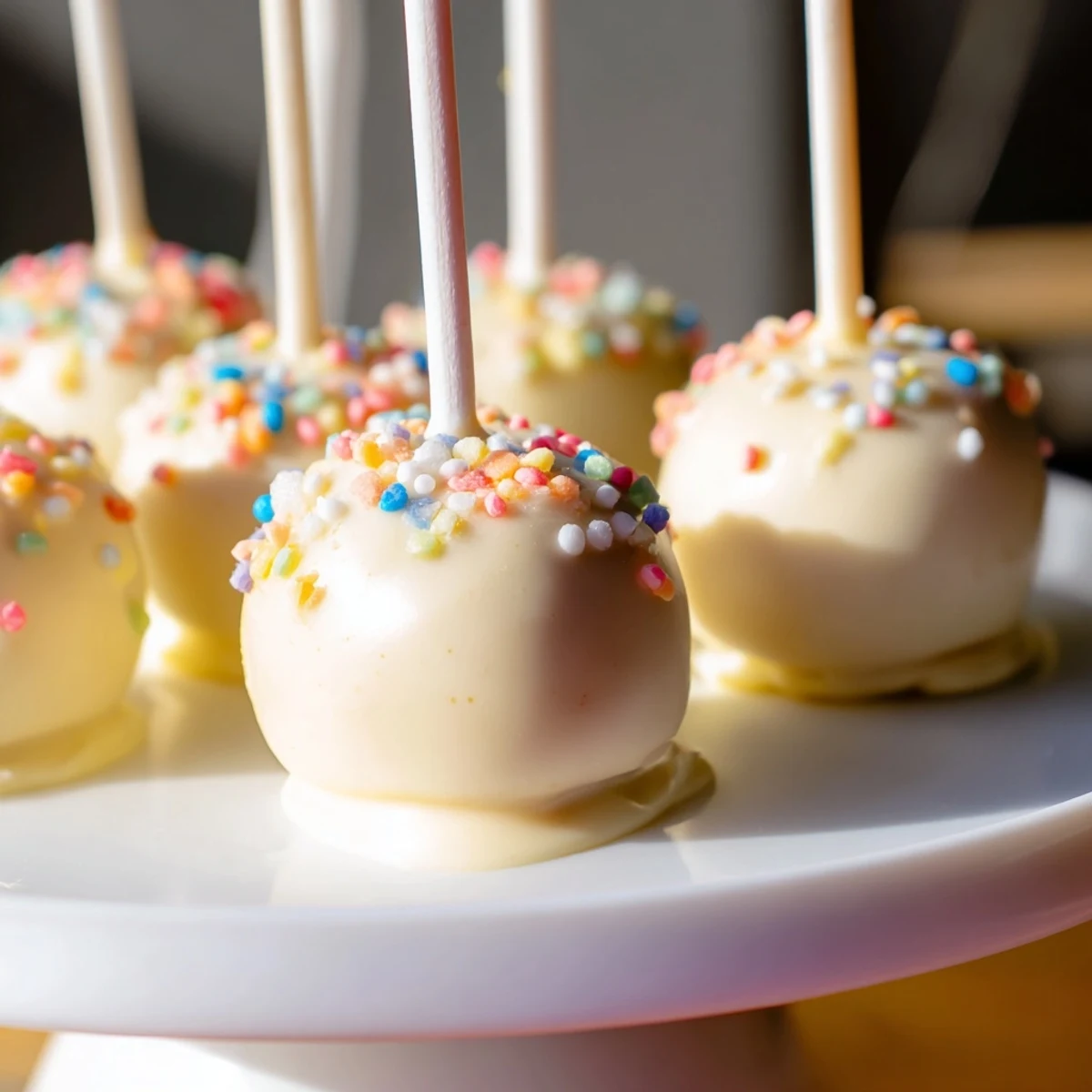 Lightened-Up Sugar Cookie Cake Pops, coated in white chocolate and covered in colorful sprinkles.