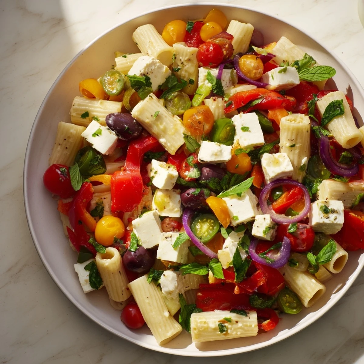 Enjoy a comforting bowl of One-Pan Baked Feta Christmas Pasta, bursting with Mediterranean flavors and herbs.
