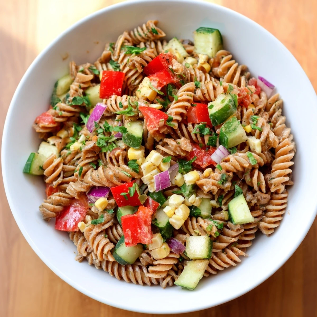 A close-up of Healthier Mexican Street Corn Pasta Salad, showcasing the charred corn and creamy dressing.