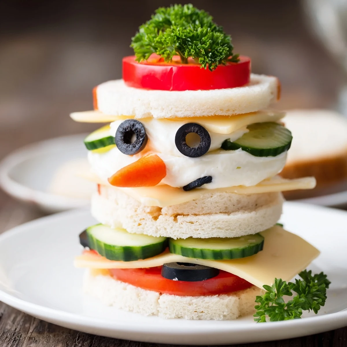 This adorable Snowman Sandwich Stack features layered bread, cheese, and veggies, perfect for kids.