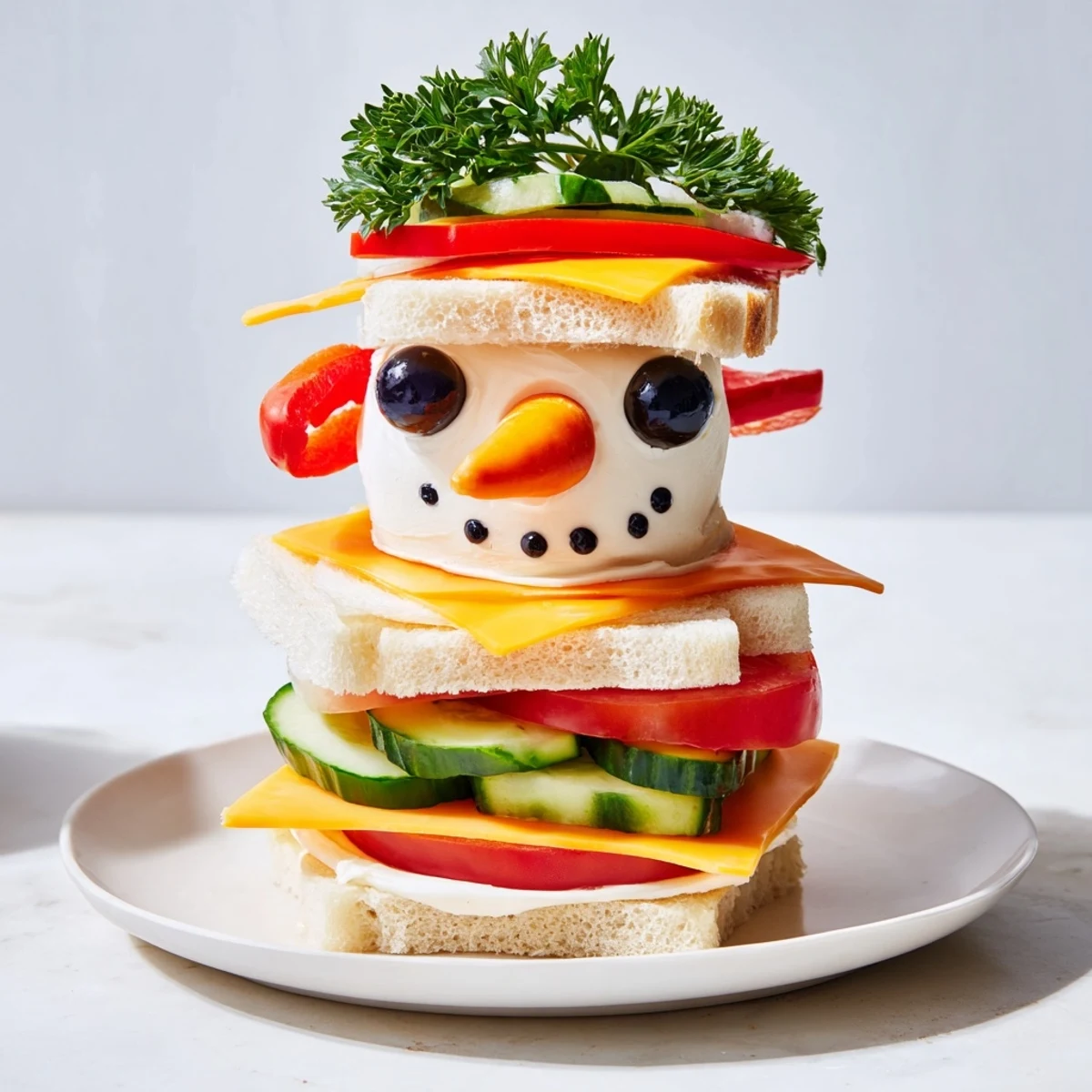 Freshly assembled Snowman Sandwich Stack, a creative, easy-to-make, winter-themed American lunch.