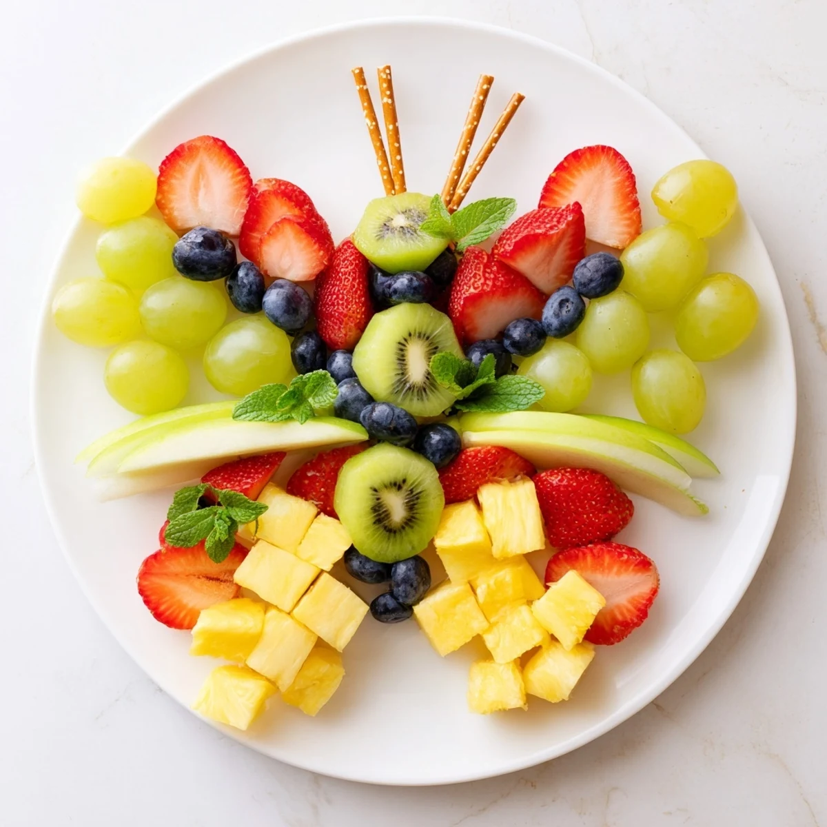 A whimsical Butterfly Fruit Tray, showcasing vibrant fruit pieces arranged in a fun butterfly shape.