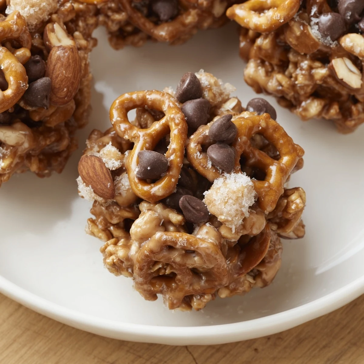 A close-up of Festive Pine Cone Snack Mix, a sweet and savory, textured holiday treat.