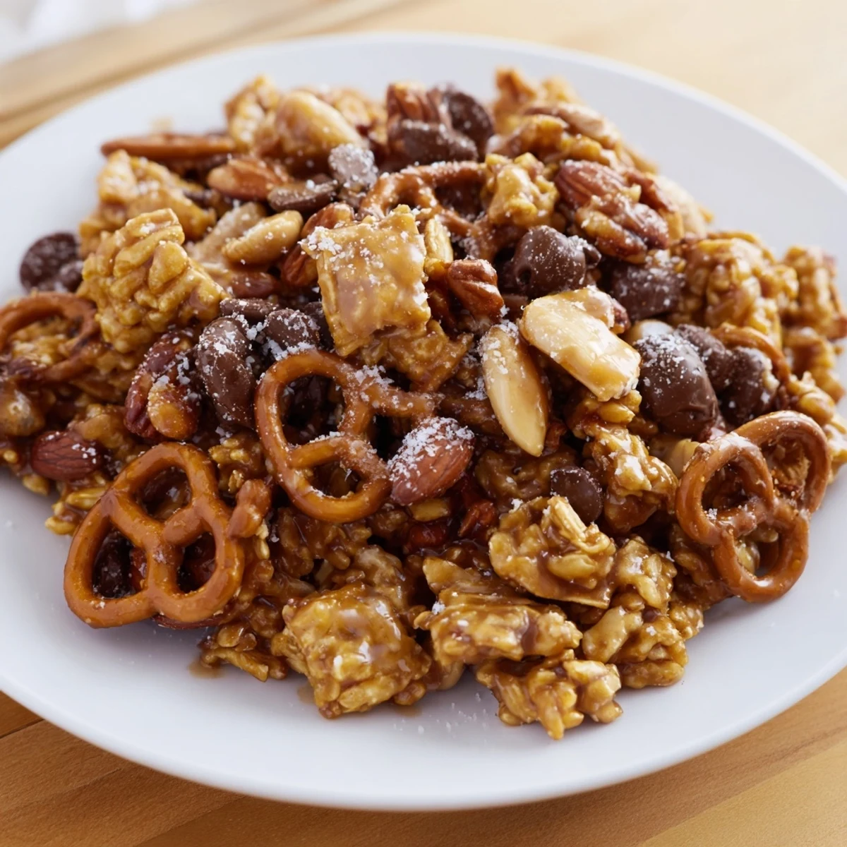 Golden-brown Festive Pine Cone Snack Mix, coated and sprinkled with mini chocolate chips and powdered sugar.