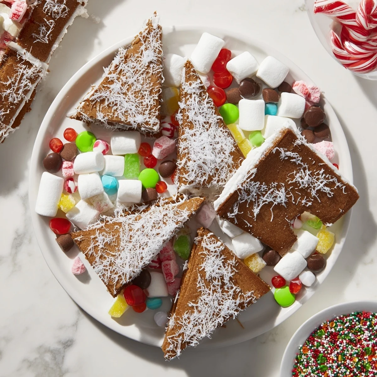 See the enticing details of this gingerbread house board, filled with gingerbread pieces, edible decorations, and inviting treats.