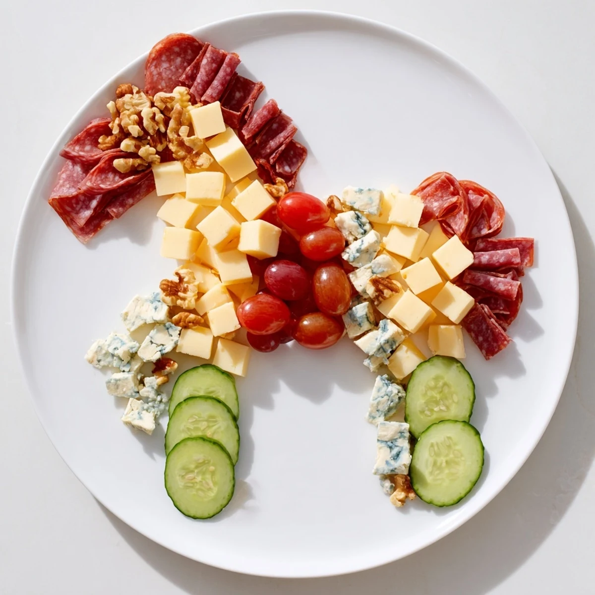 A beautifully arranged horse-shaped grazing board overflowing with cheeses, fruits, and crackers for party snacks.