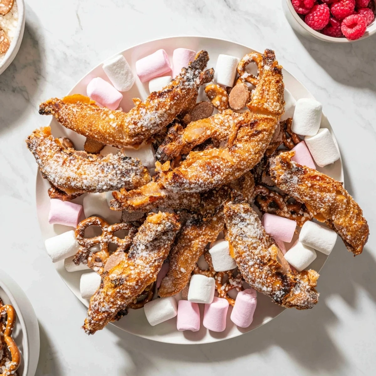 Imagine a festive dessert board, featuring delicate angel wings, fruit, and sweet dips for dipping.