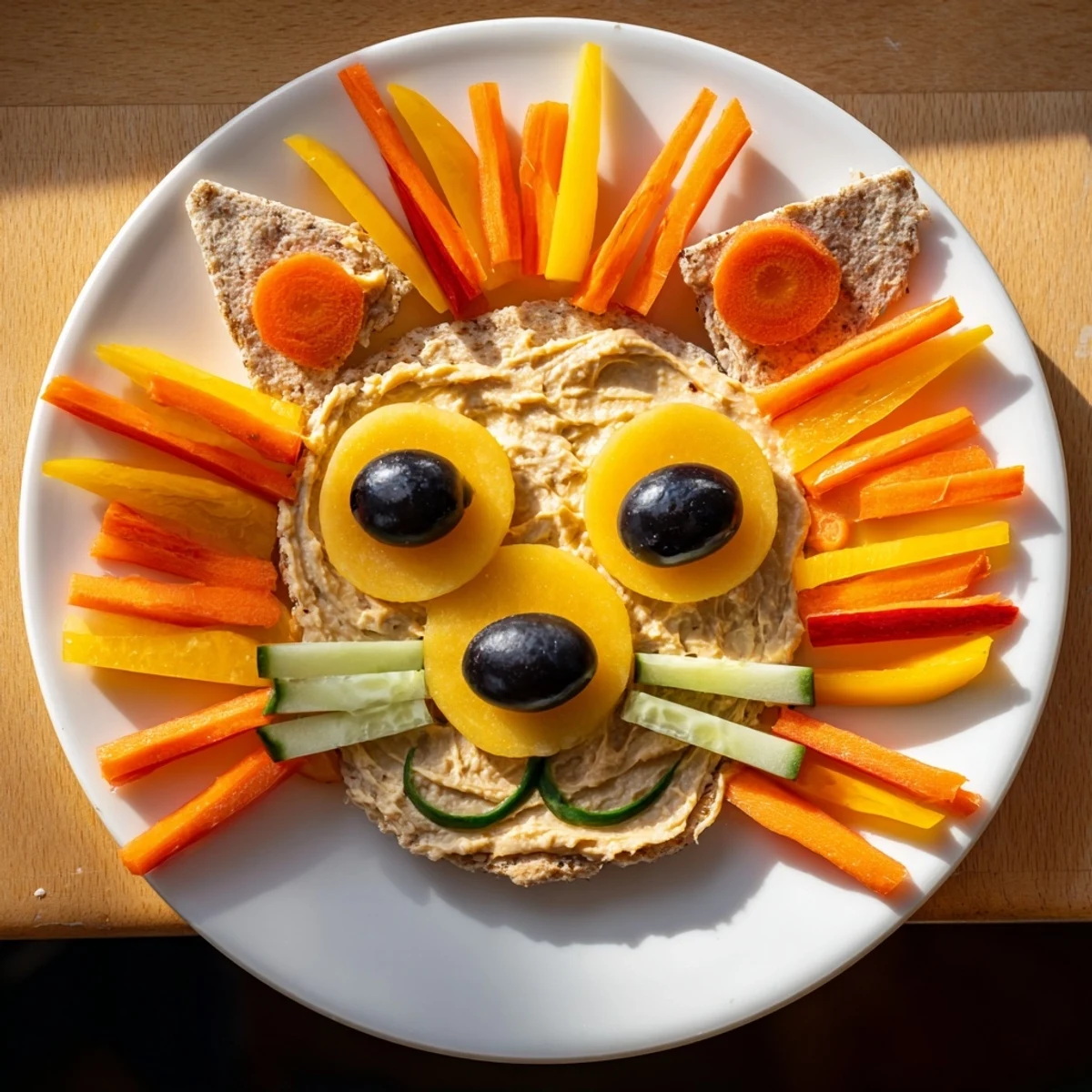 King of the Jungle Lion Lunch Board with carrots, olives, and cheese, an adorable kids' lunch.