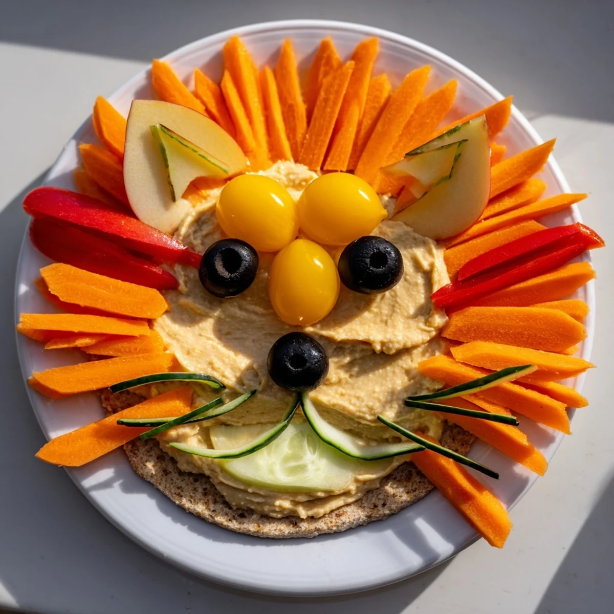 A delightful King of the Jungle Lion Lunch Board featuring a smiling face made of colorful veggies.