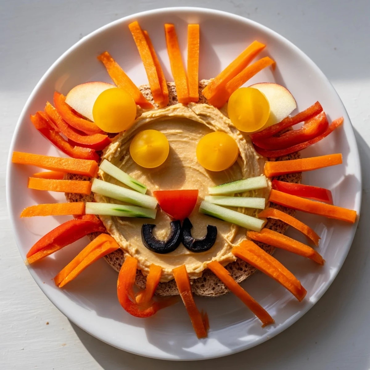 Freshly prepared King of the Jungle Lion Lunch Board ready to serve with grapes and mini crackers for a feast.