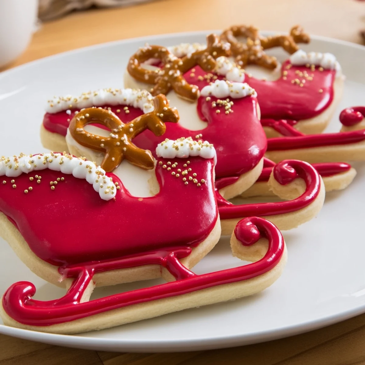 A beautifully decorated Santa's Sleigh cookie display, iced with festive colors and edible glitter.